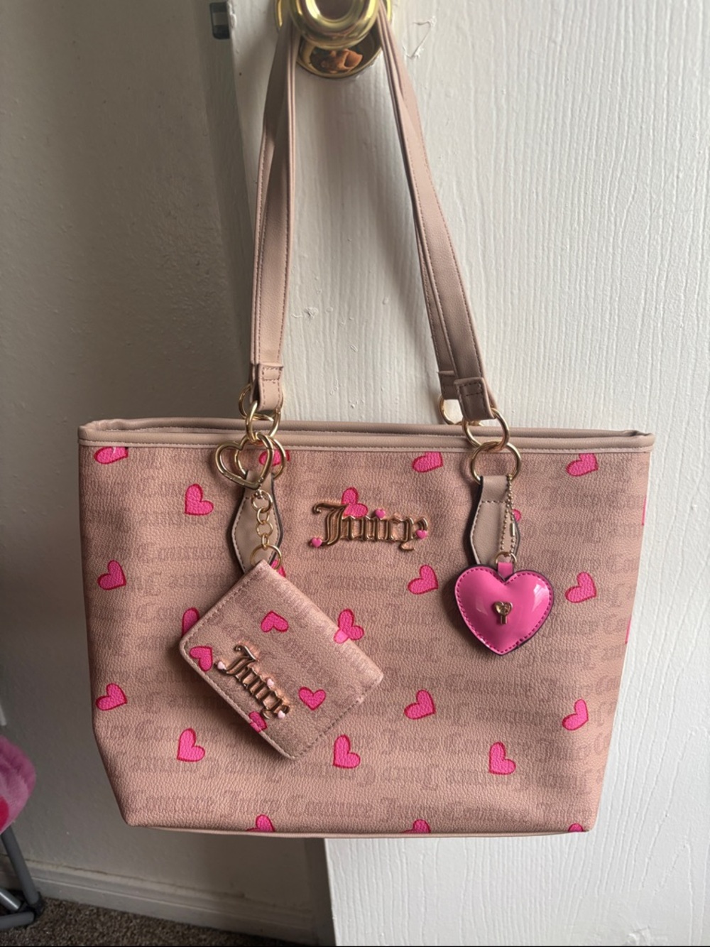 Juicy Couture Pink Beige Heart Pattern Tote with Heart Charm with wallet
